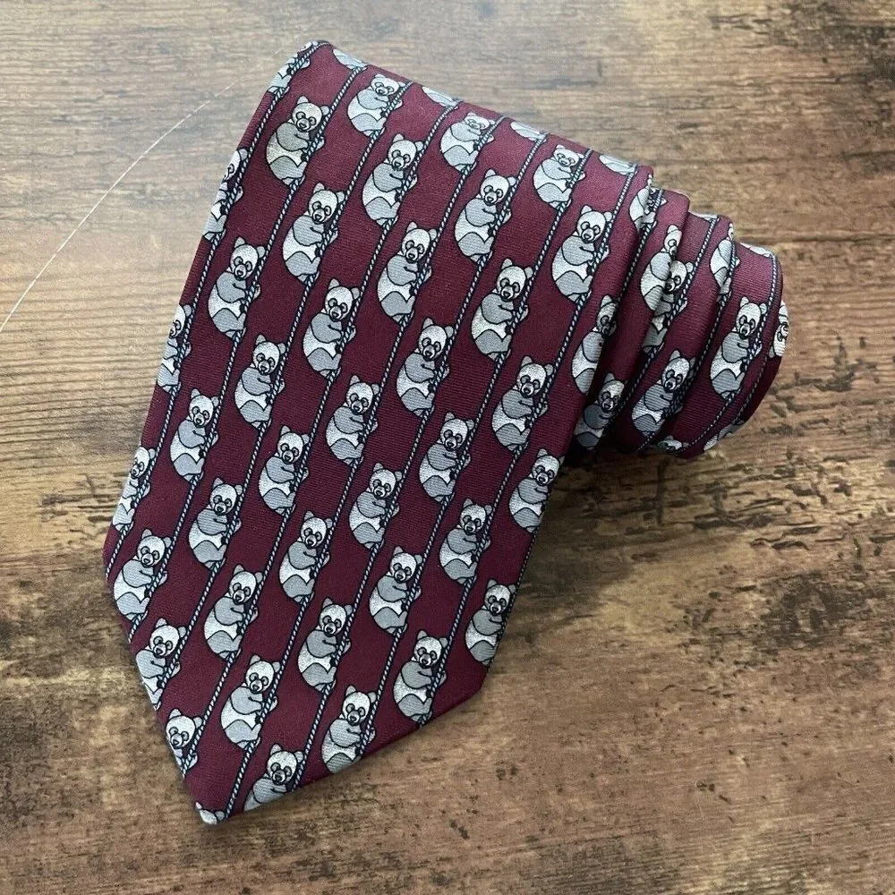 Brooks Brothers Makers Mens Vintage Silk Tie Panda Bear Animal Novelty Print Red